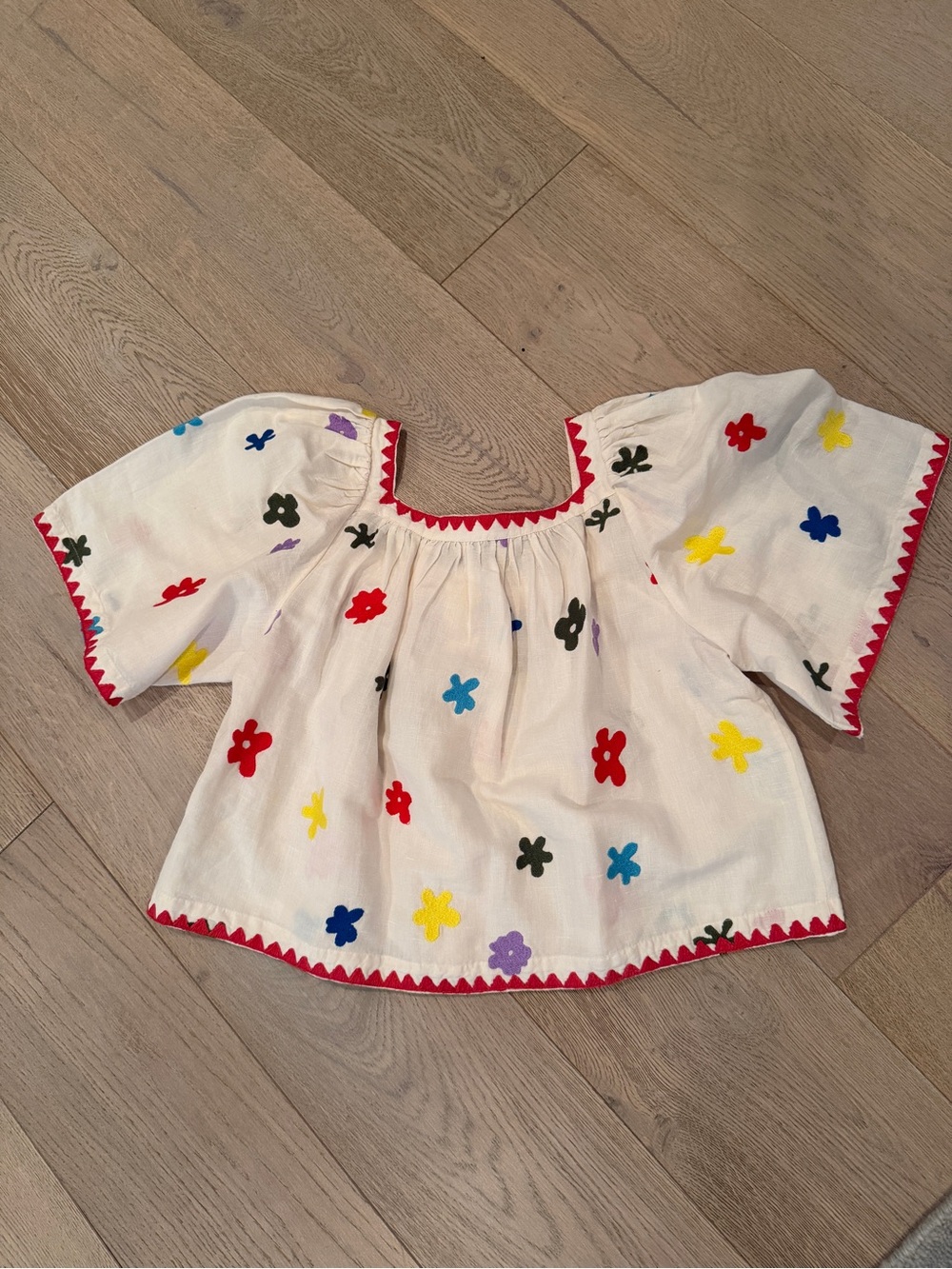 RHODE White Cropped Peasant Top with Multicolor Flower Embroidery - Picture 8 of 8